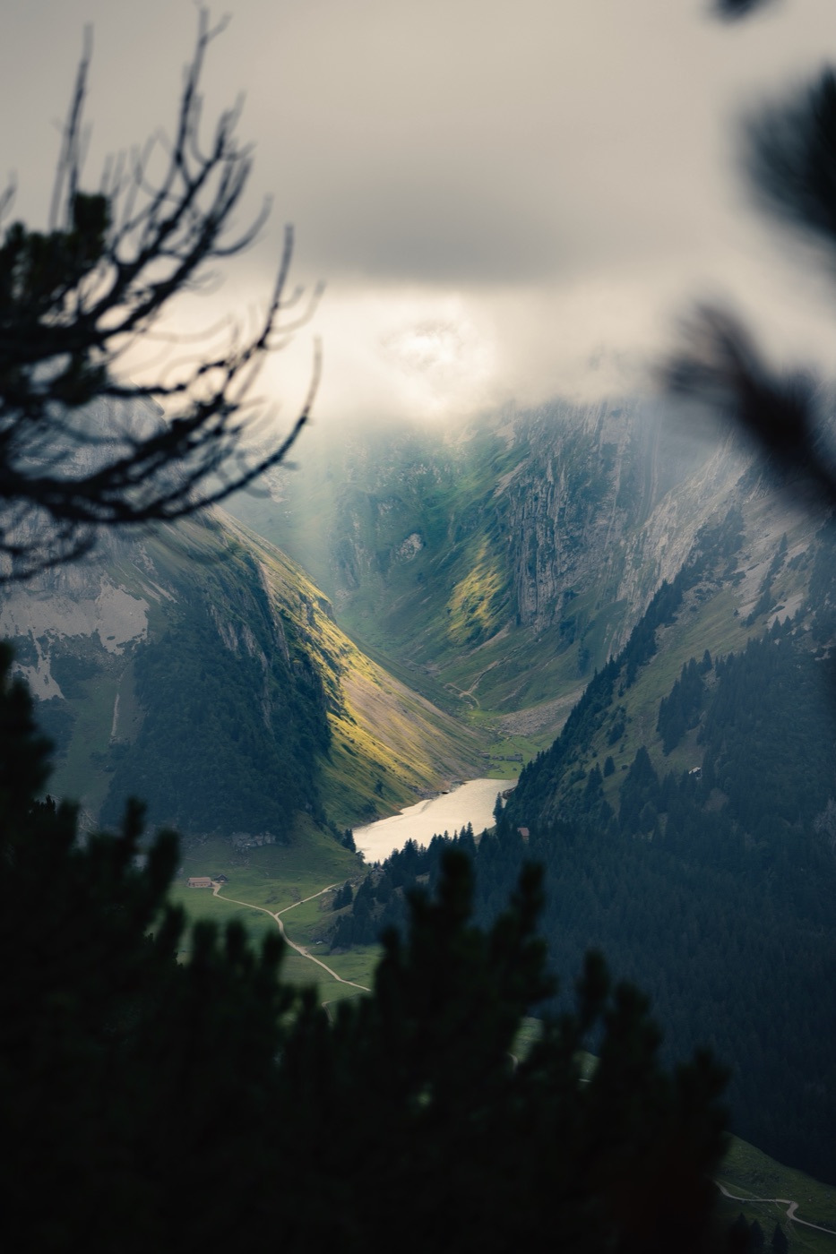 Fälensee, un lac étroit entre des parois abruptes en contrebas de la Saxer Lücke.