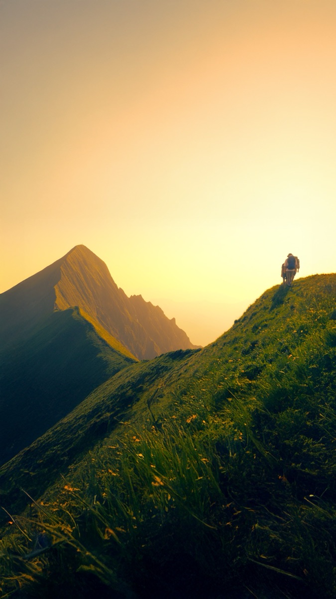 Escursionista in solitaria su una cresta al tramonto