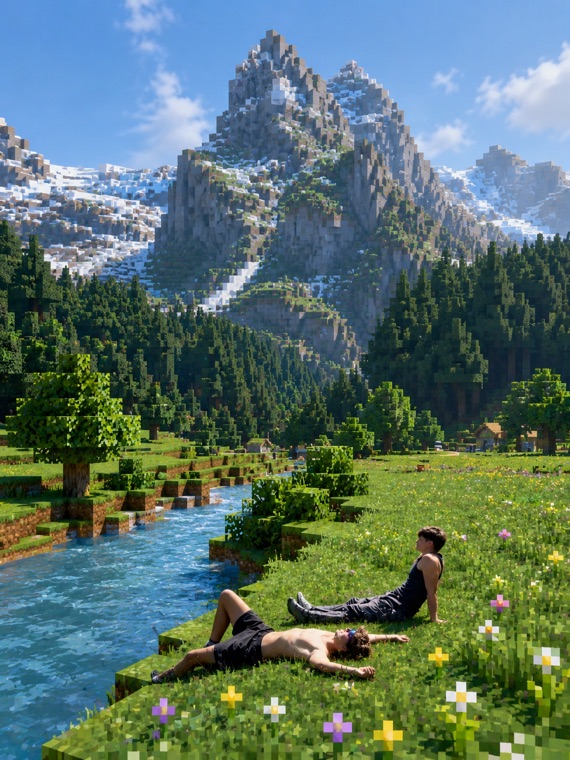 The same scene rebuilt in Minecraft blocks, with the person kept photorealistic.